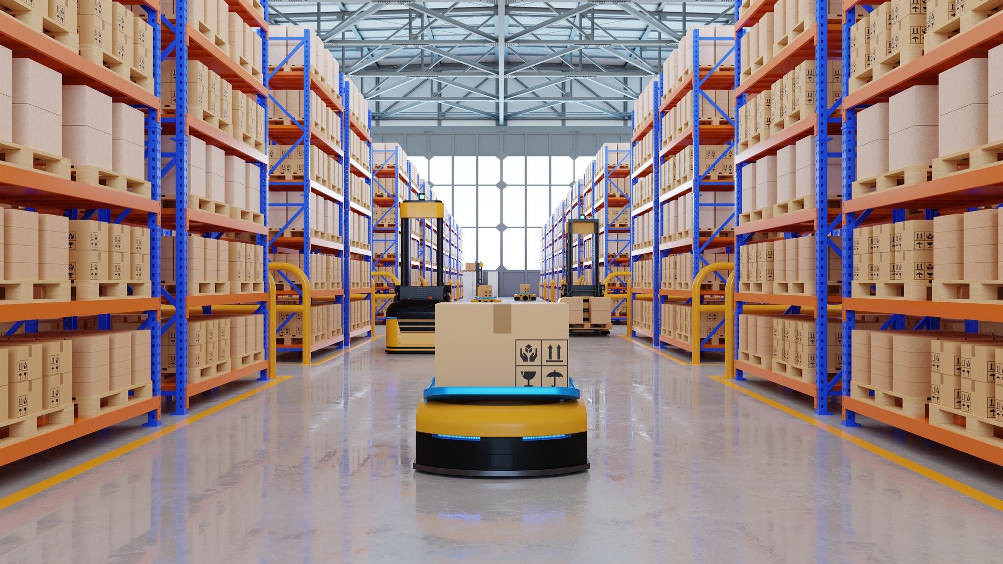 An army of robots efficiently sorting parcels (automated guided vehicle)